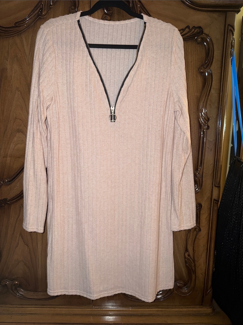 Amazon cream color Ribbed Long Sleeve Knit Dress with Front Zip